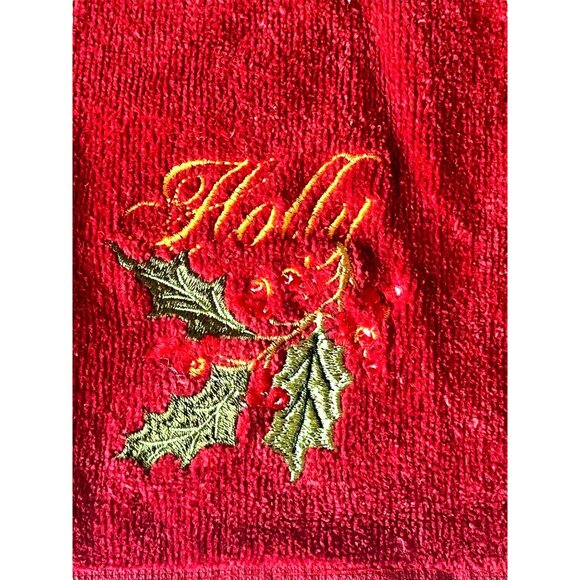 Set Of 2 Red Christmas Hand Towels With Embroidered Holly Leaves & Berries 15.5” - Picture 3 of 11